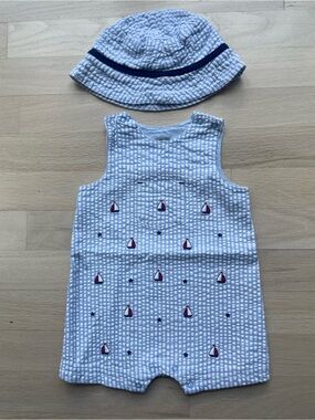 Little Me Seersucker Sailboat Romper with Matching Bucket Hat